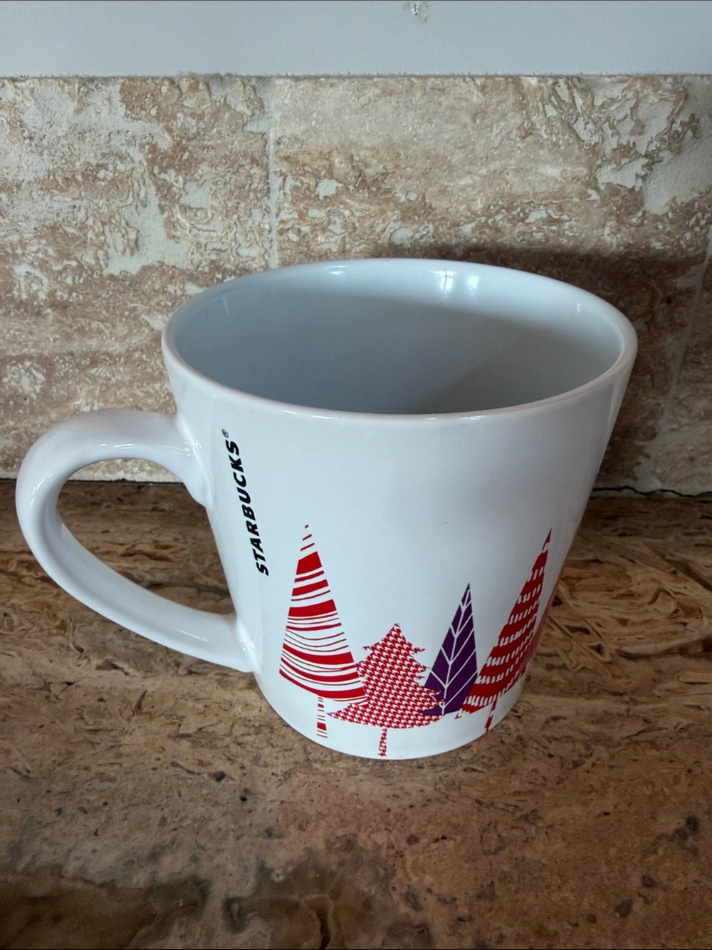 Starbucks 2017 White Ceramic Large Mug with Red & Purple Holiday Tree Design